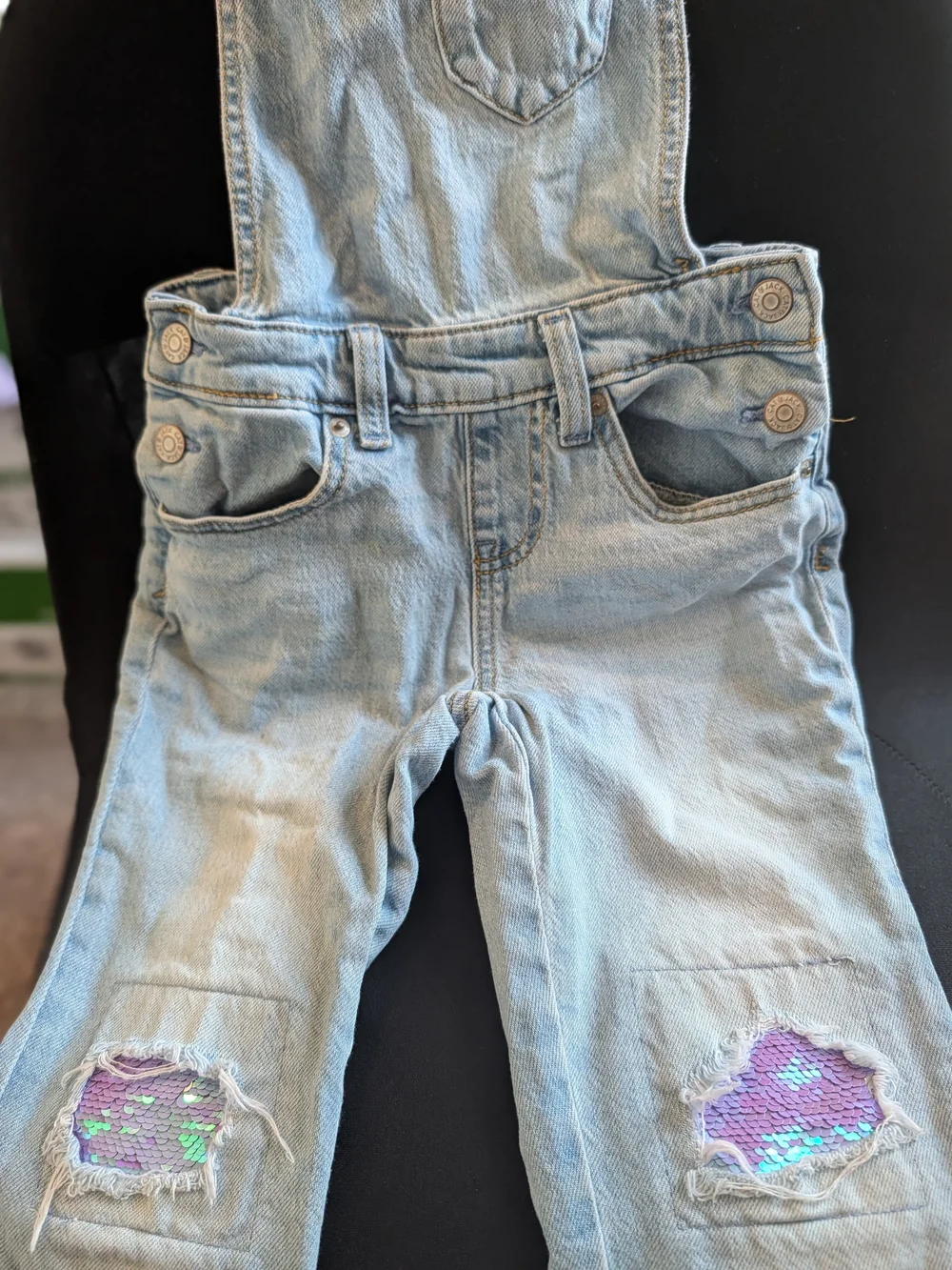 Cat & Jack Light Blue Denim Overalls with Purple Sequin Knee Patches